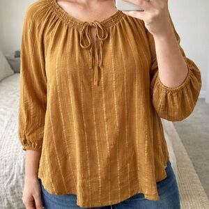 Torrid Mustard Textured Stripe Peasant Blouse Tie Neck Boho Top Size 2 (2X)
